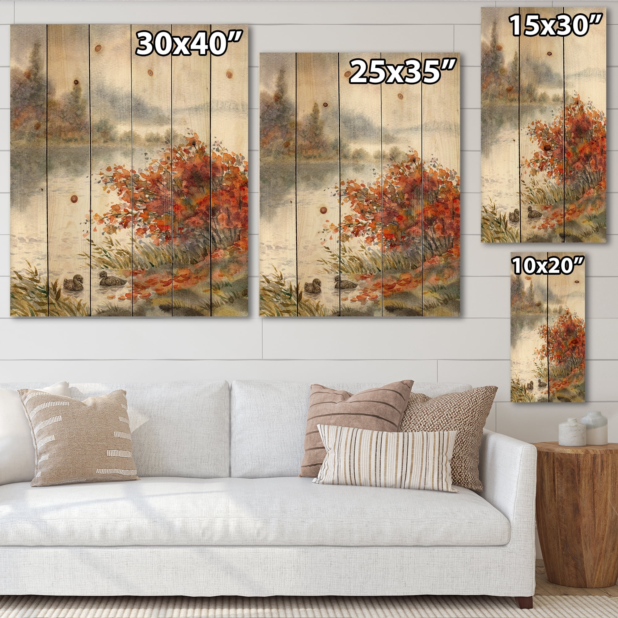 Designart 'View Of The Lake In Autumn Colored' Traditional Print on Natural Pine Wood