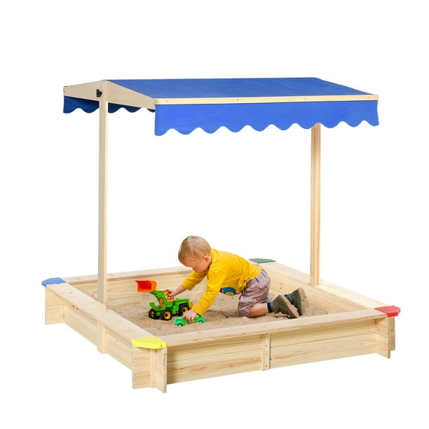 Outsunny Wooden Sandbox w/ Adjustable Canopy, Children Outdoor Playset