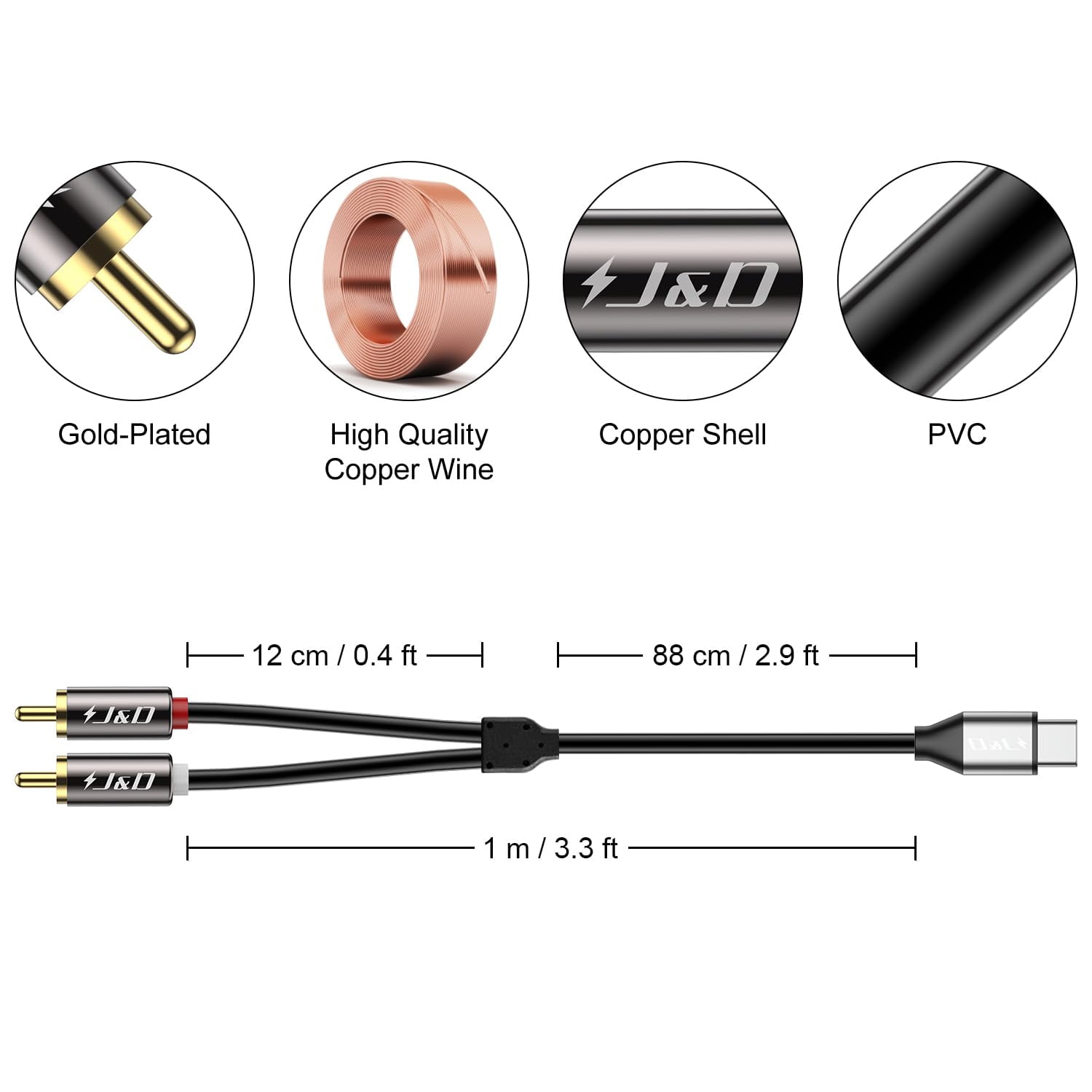 Duttek Câble adaptateur répartiteur, 80 cm, USB Type C mâle vers 2 RCA  mâle, audio stéréo, forme de Y, pour les appareils USB-C
