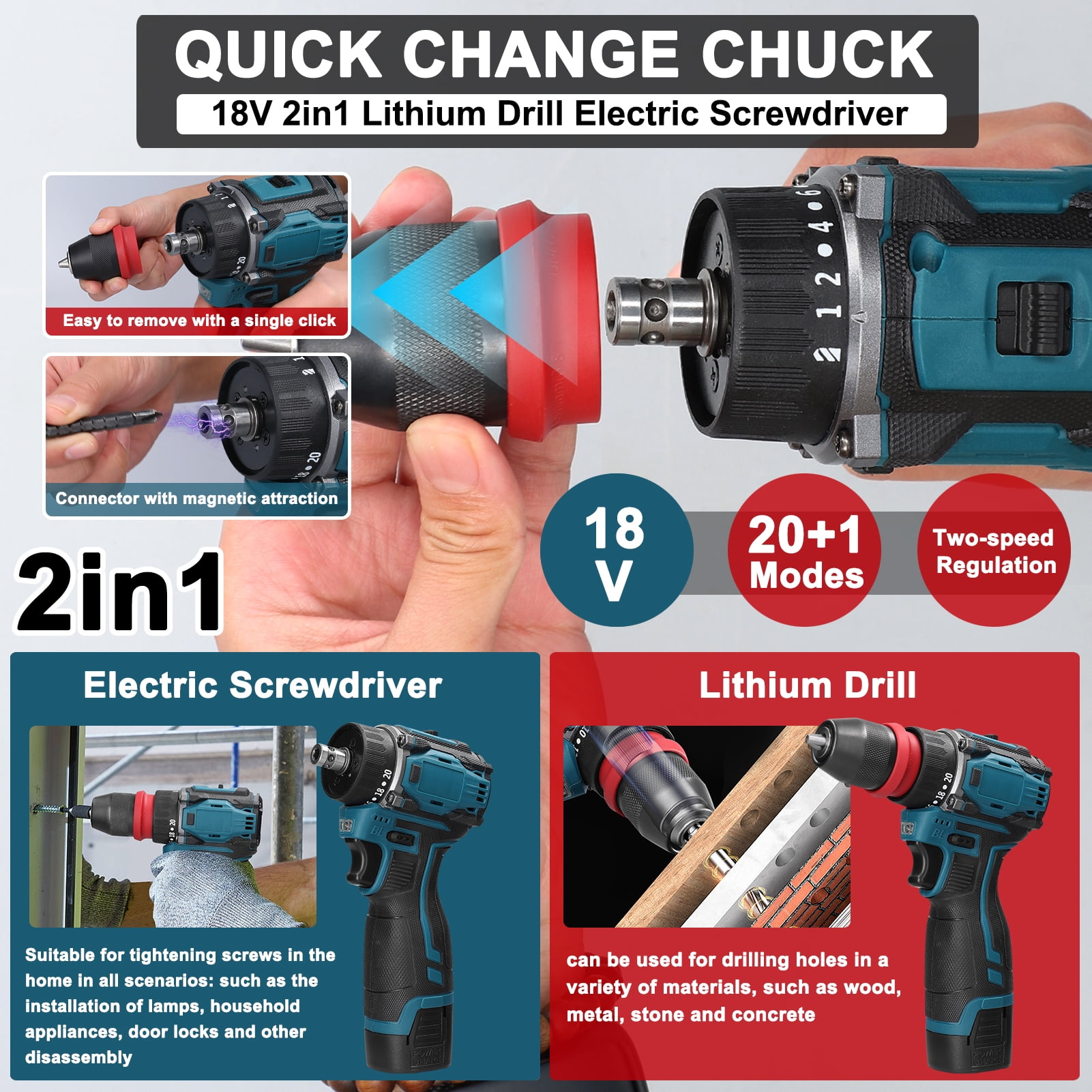 Power 18V 2in1 Lithium Drill Electric Screwdriver Multi-function Power Tool 45Nm Torque Brushless Motor Practical Screw Driver For Home Appliances Furniture Installation Automotive
