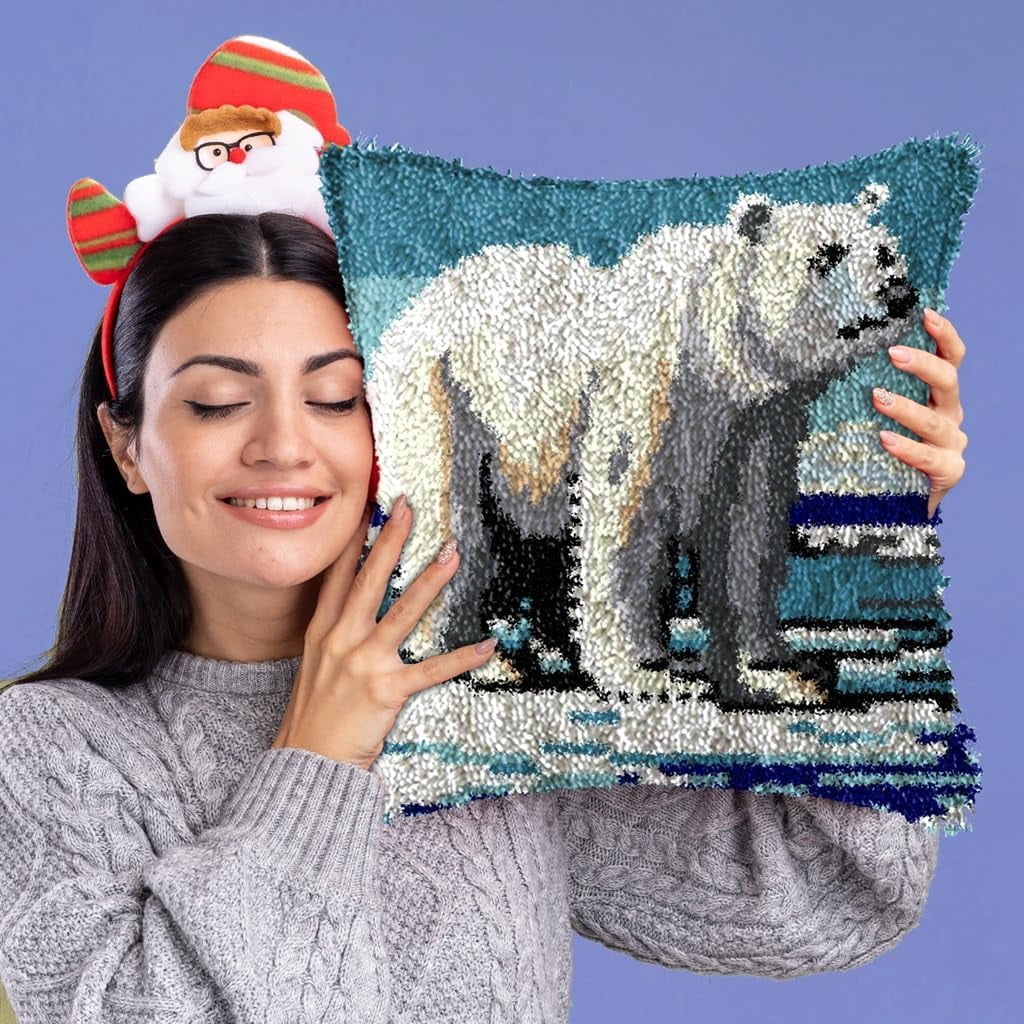 Latch Hook Kits Pillow Polar Bear Crochet Yarn Cushion Colour Printed Canvas Pillow Needlework DIY Pillowcase Hook and Latch Kit Christmas Home Arts Crafts Sofa Decoration 43x43cm/17X17inch