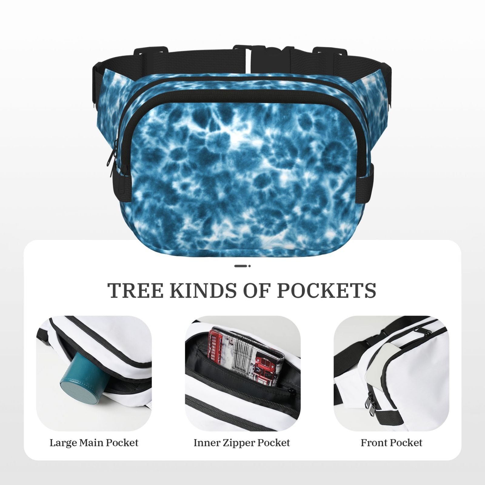 Kuqiui Blue Tie Dye Print Fanny Packs for Women Cross Body Waist Bag Fashionable Fanny Pack Designer Workout Hiking Waist Pack Running Travel Gym