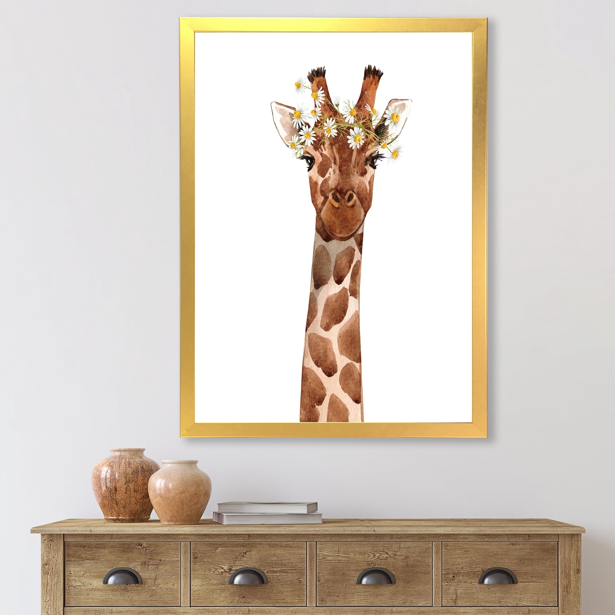 Designart 'Portrait of A Giraffe With White Flowers' Farmhouse Framed Art Print