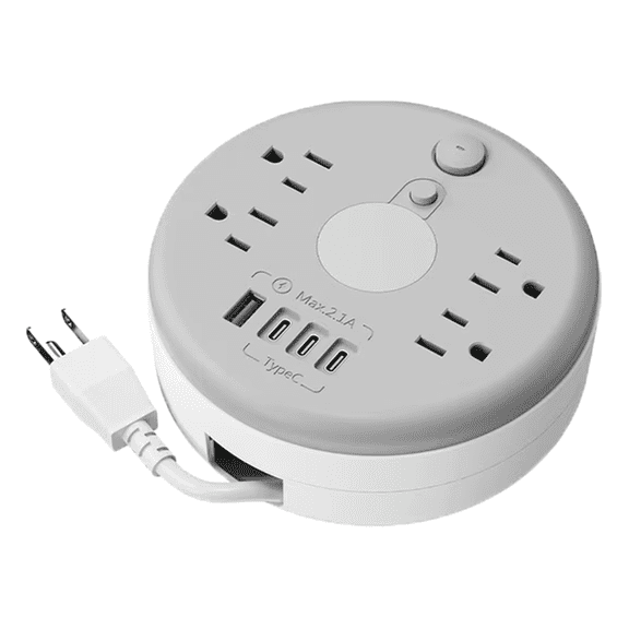 Extendable Power Socket Extender with 1.8m Retractable Cord, 4 AC Outlets, USB-A and USB-C Ports for Bedside, Desk, Sofa