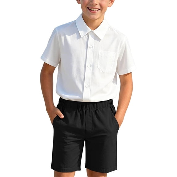 HVOBTTY Toddler Kid's Solid Color Lapel Short Sleeve Woven Shirt Elastic Waist Suits Short Pant 3 Piece Versatile Campus Outfit Suits