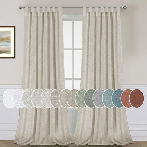 PrimeBeau Natural Linen Blended Tab Top Semi Sheer Window Curtain Panels, Textured Flax, 52" W x 96" L, Angora