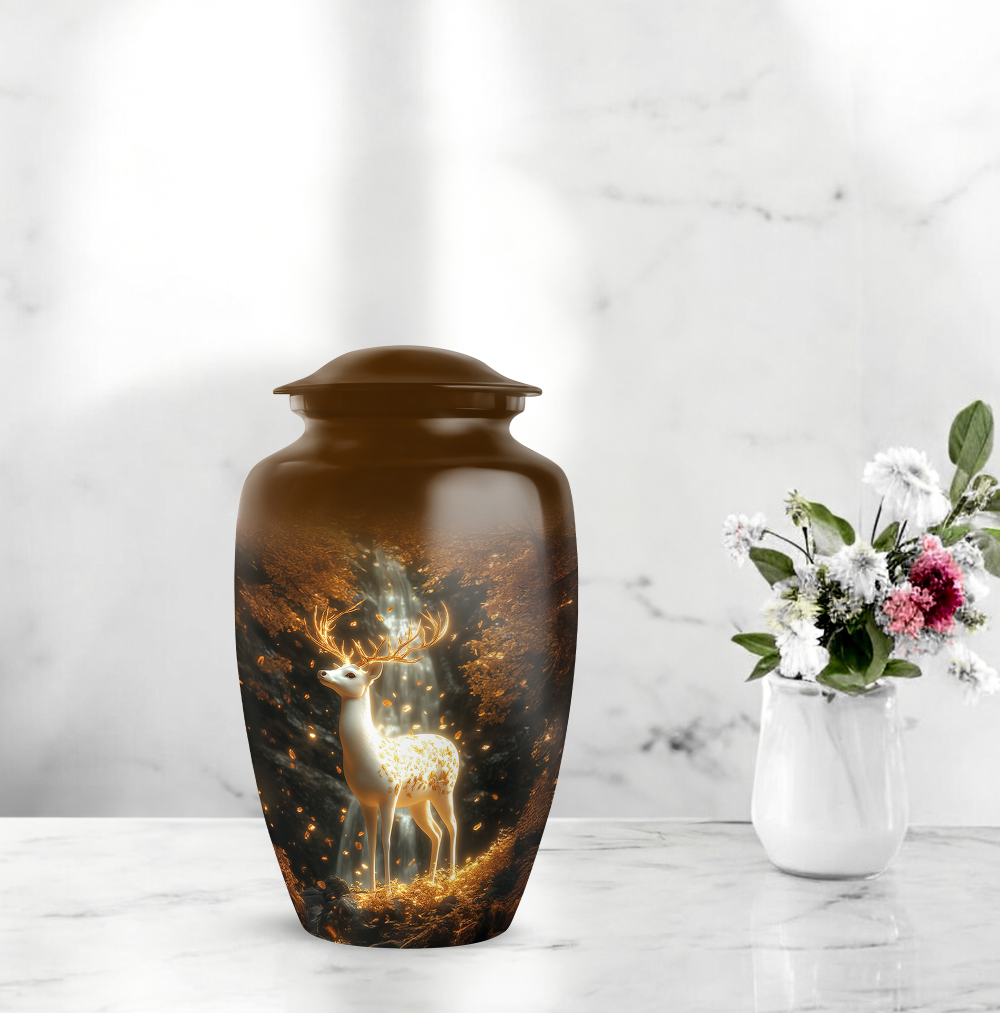 Deer Funeral Cremation Urns For Mom And Dad - Golden Mini Urns For Human Ashes Set Of 4 - Brown Keepsake Cremation Urn For Adult Men - 1 Large Burial Urn For Cremated Remains, Combo (10&3) Inch