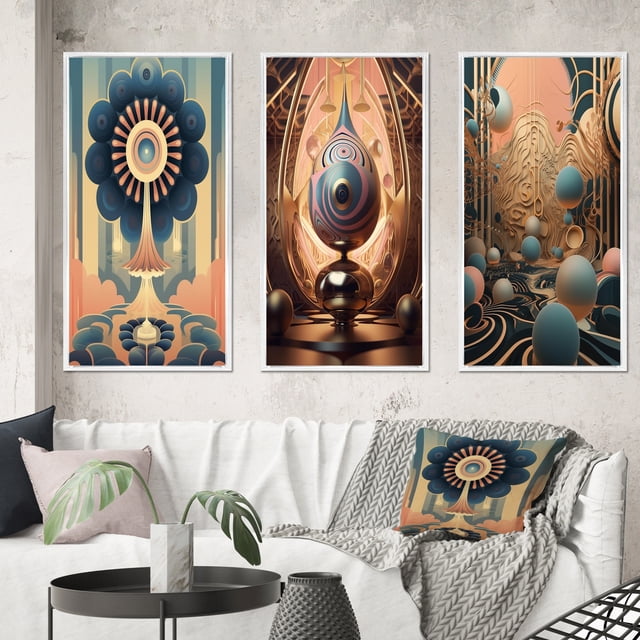 Designart "Full Moon Landscape in Retro Futurism" Abstract Landscape Framed Wall Art Set Of 3 - Blue Abstract Landscapes Frame Canvas Set For Living Room Decor
