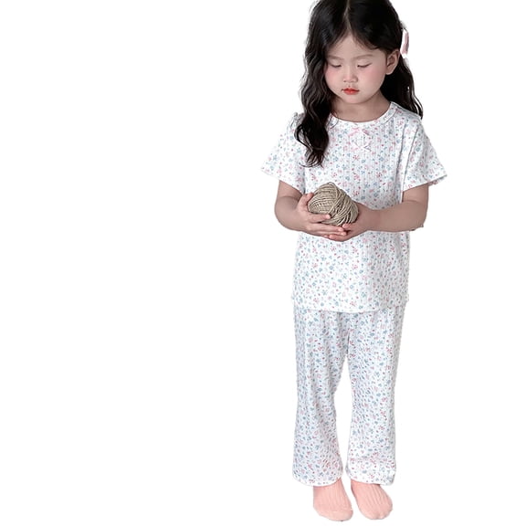REDARER Toddler Girls Soft Cotton Ribbed Sleepwear, Floral Print Short Sleeve Top & Pants Pajama Set,2-3 Years