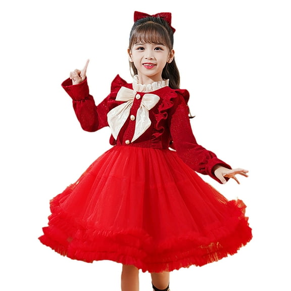 Sngxgn Girl's Long Sleeve Neck Dress Casual Flared Dresses(Red,110)