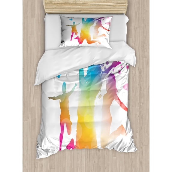 Dance Duvet Cover Set Twin Size, Jumping People Butterfly Flowers Summer Flair Happiness on Plain Backdrop, Decorative 2 Piece Bedding Set with 1 Pillow Sham, White and Multicolor, by Ambesonne