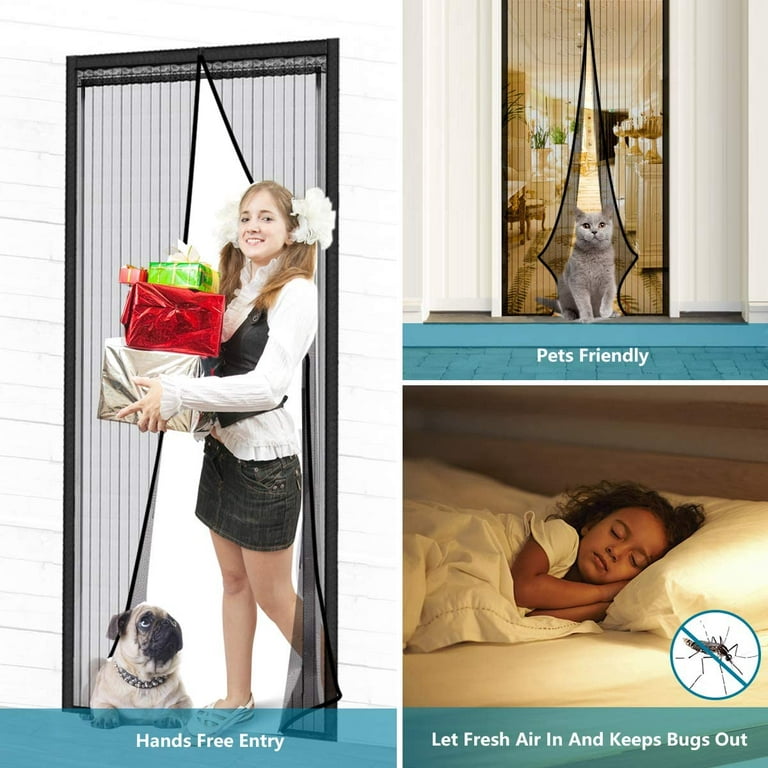 Magic Mesh Deluxe- White- Hands Free Magnetic Screen Door, Mesh Curtain  Keeps Bugs Out, Frame Hook & Loop, Hands Free, Pet & Kid Friendly- Fits  Doors up to 39 x 83 Inches 