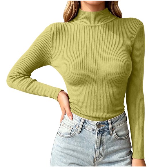 Rrxhxhs Sweaters for Women Fall Winter Solid Color Mock Neck Ribbed Knit Long Sleeve Slim Fit Basic Knitted Pullover Tops,Green