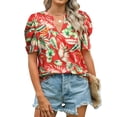 thumbnail image 3 of Nlife Women Puff Sleeve Floral Hawaiian Shirt V Neck Casual Tropical T-Shirt, 3 of 7