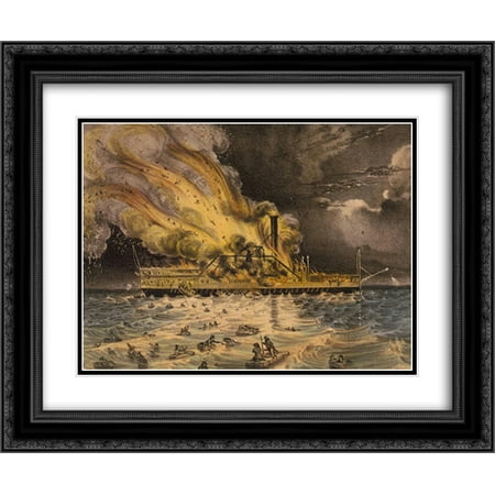 Currier and Ives 2x Matted 24x20 Black Ornate Framed Art Print 'Awful conflagration of the steam boat Lexington in Long Island Sound on Monday eveg., Jany. 13th