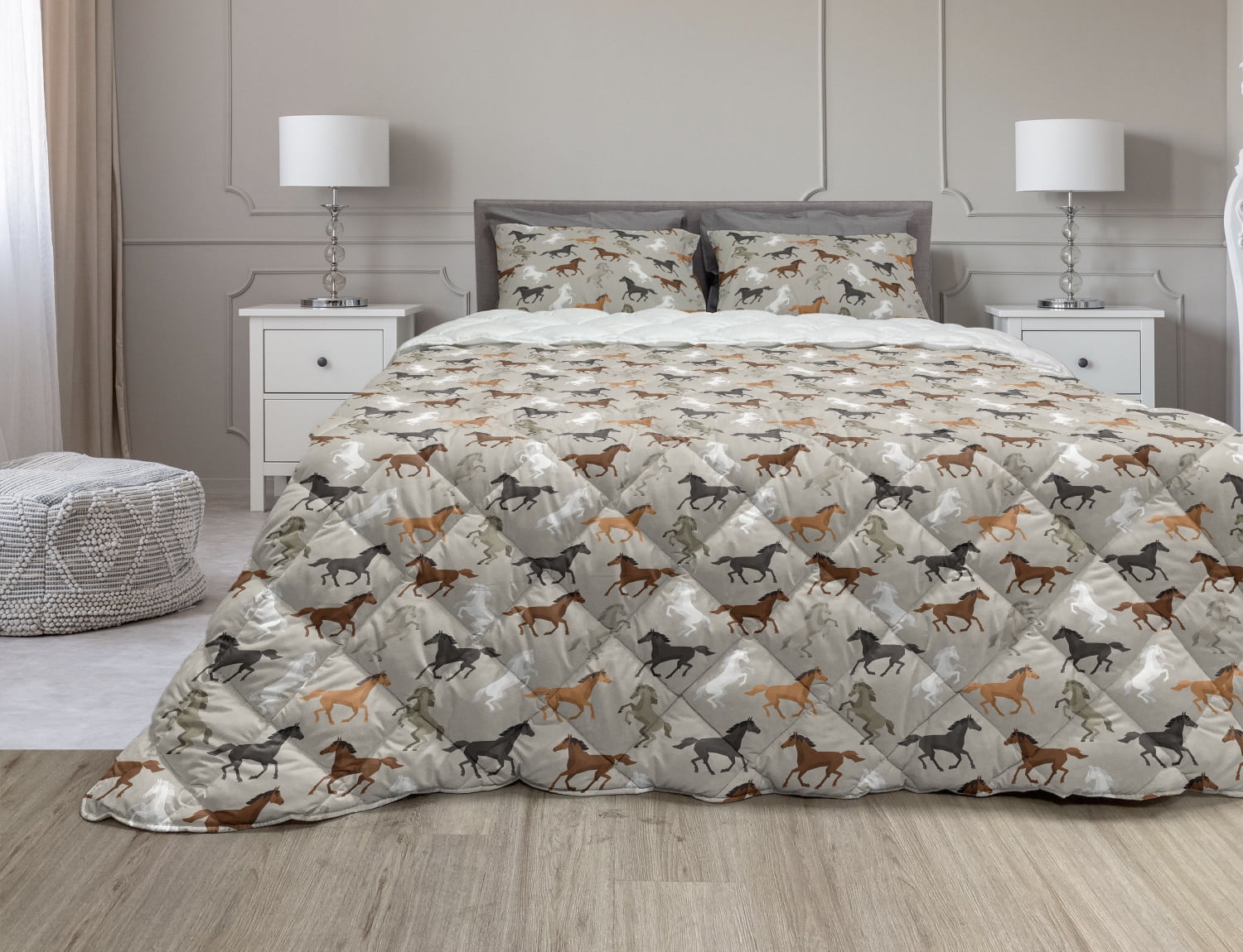 Horses Comforter & Sham Bedding Set, Abstract Stallions Simple Design