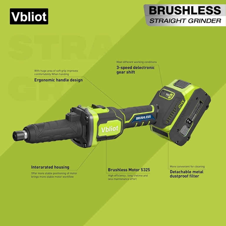 Vbliot Cordless Die Grinder 6mm Collet – Brushless Motor, 3-Speed 13000-25000 RPM, 24V 5Ah Battery, For Metal Polishing & Rust Removal (DG2401)