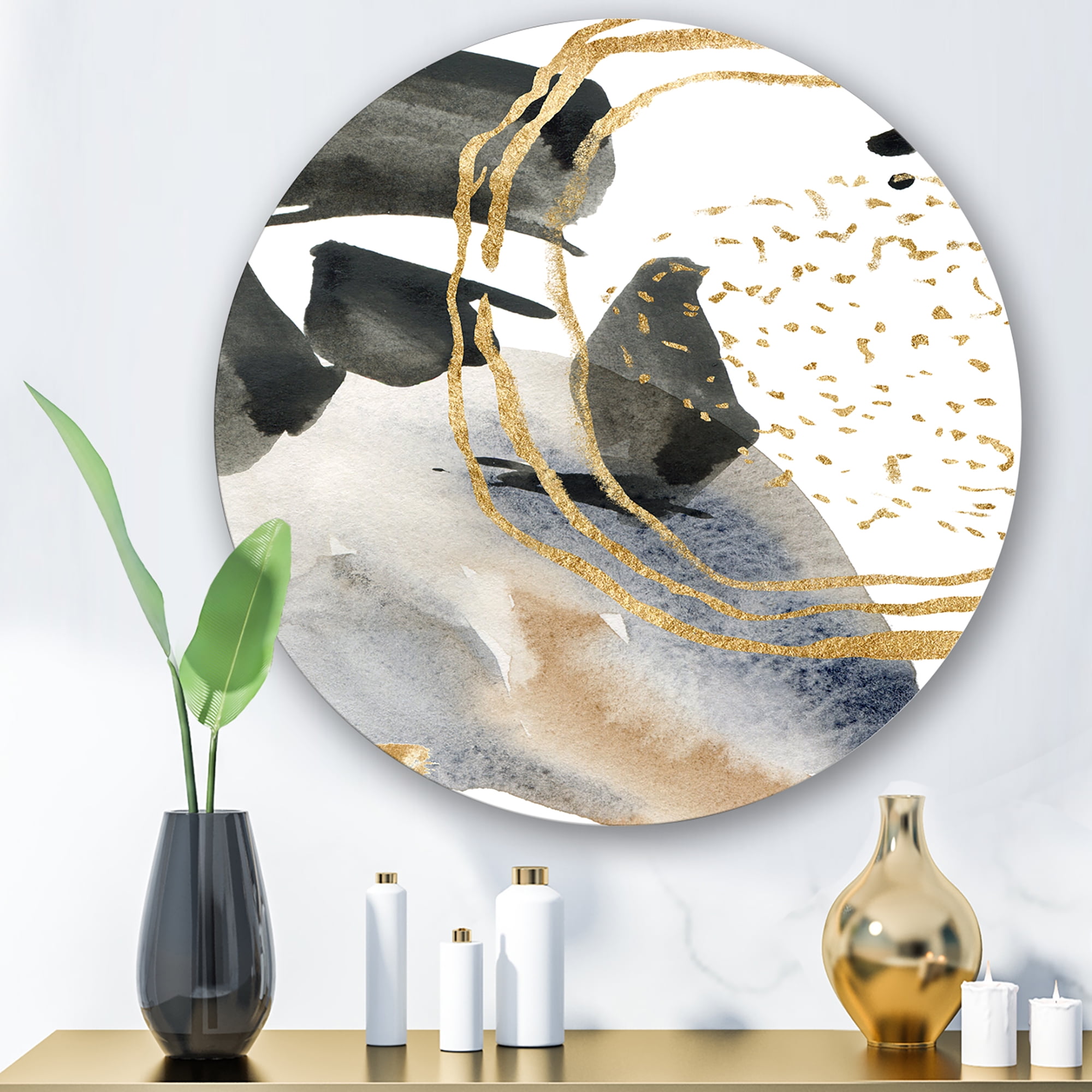 Designart 'Pastel Abstract With Black Blue Beige and Gold Spots' Modern Circle Metal Wall Art 23x23 - Disc of 23
