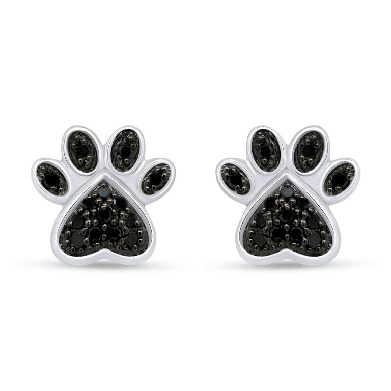 Black Diamond Accent Paw Print Womens Stud Earrings 14k White Gold