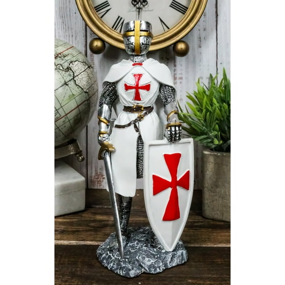 White Cloak Medieval Crusader Swordsman With Shield Of Faith Knight Figurine