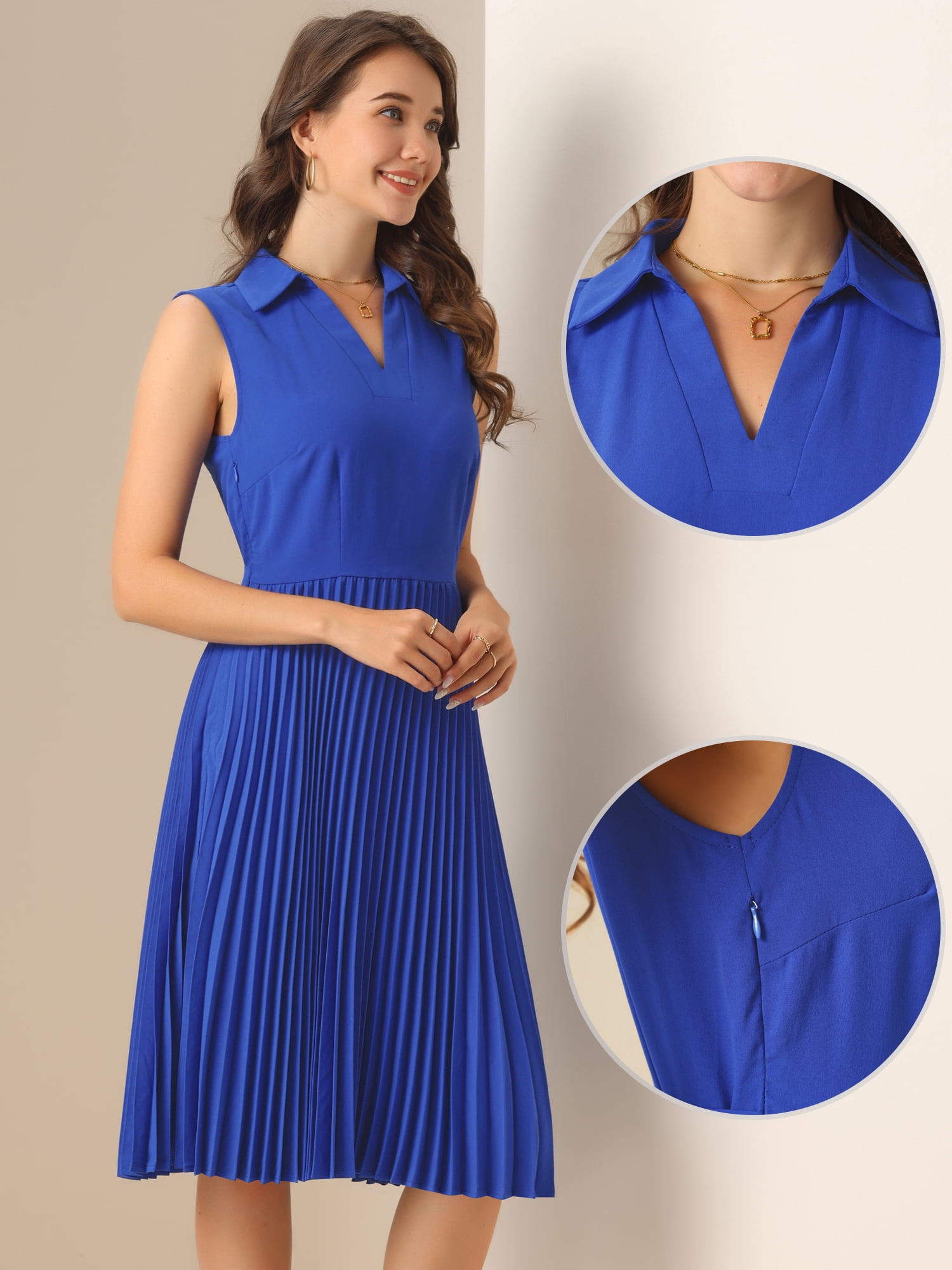 DARING DIVA Elegant Pleated V Neck Sleeveless Dress XL Blue