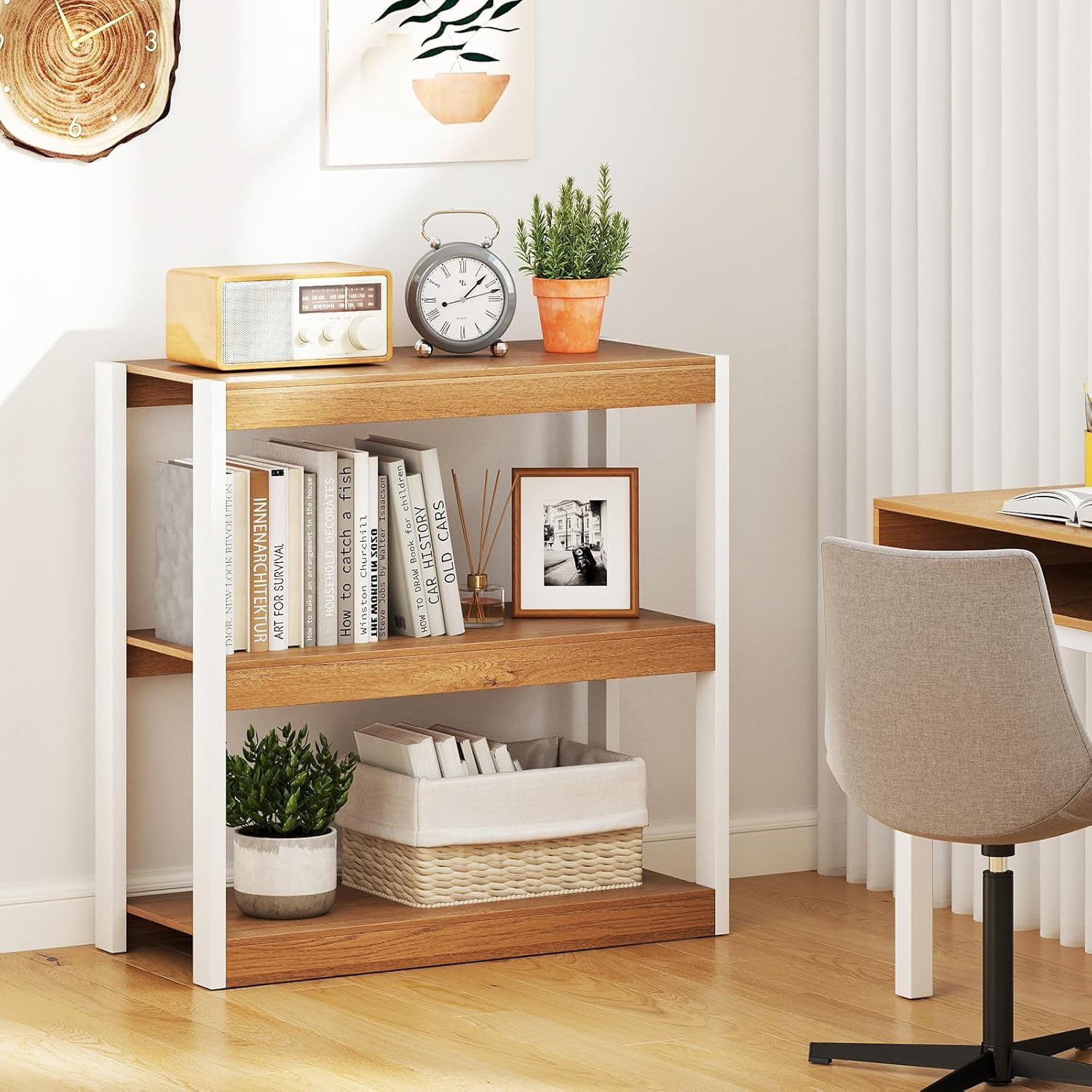 3-Tier Bookshelf, Wooden Bookshelves and Bookcases, Open Display Rack Shelving Unit, Floor Standing Storage Organizer, Industrial Bookcase for Home Office Study (Natural & White)