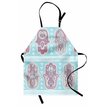 Hamsa Apron Bohemian Style Pattern with Open Hamsa Hands Ornate Asian Mandala Theme Art Boho Print, Unisex Kitchen Bib Apron with Adjustable Neck for Cooking Baking Gardening, Blue Pink, by Ambesonne