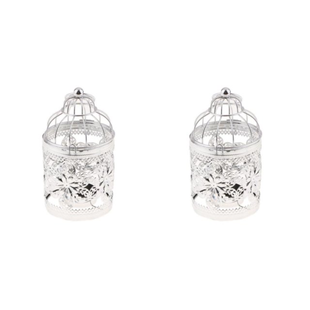 Ruiboury Electroplated Metal Birdcage Shape Tea Light Candle B- Holder Silver Type E 2Set