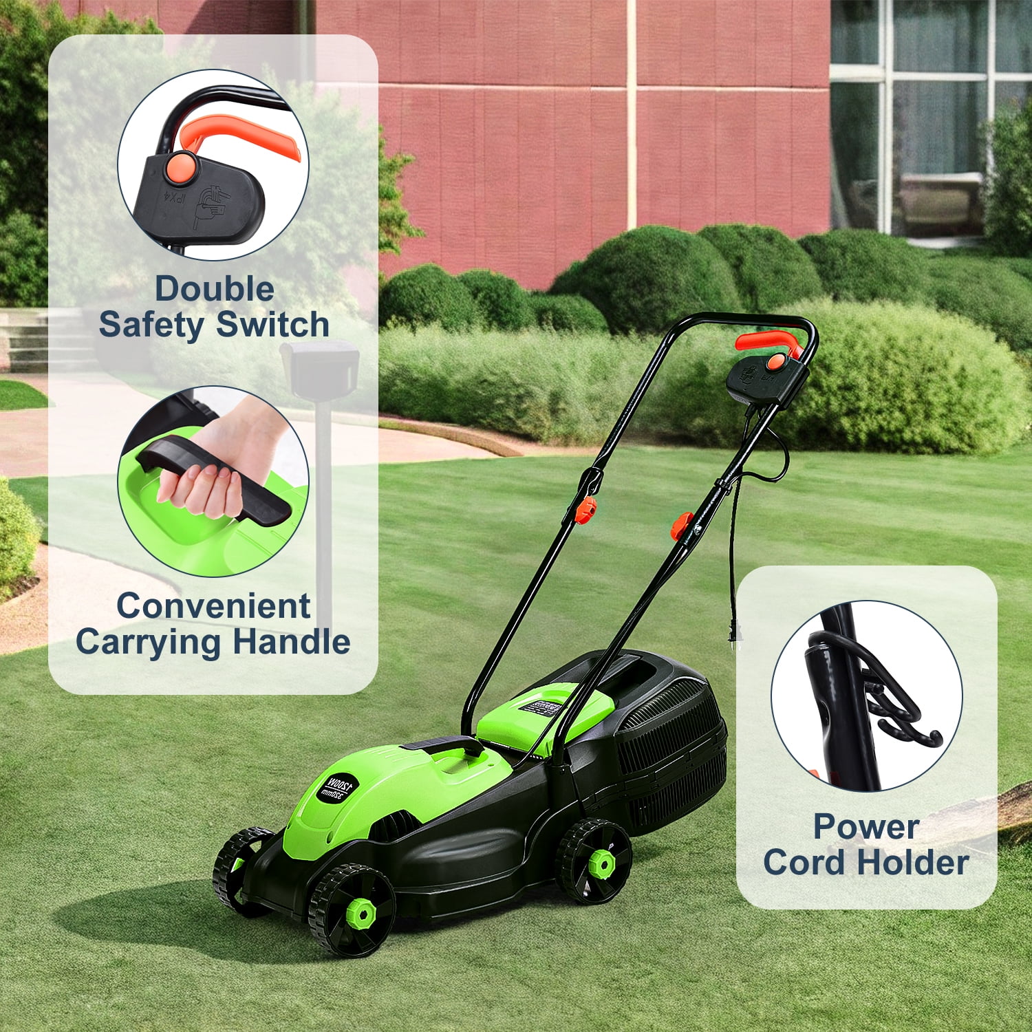 Aimee Lii 14 Inch Electric Push Lawn Corded Mower with Grass Bag for Garden Yard, Green