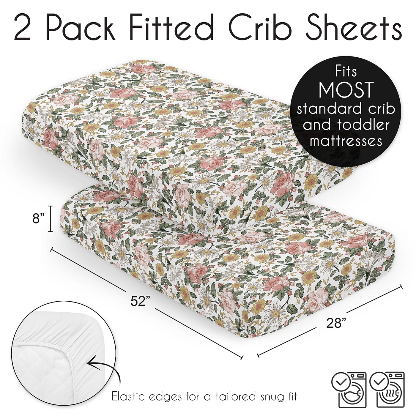Sweet Jojo Designs Vintage Floral Pink Green and Yellow Fitted Crib Sheets 2 Piece Set