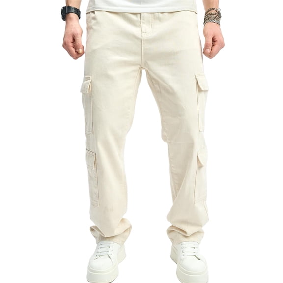 Reppunk Streetwear Stylish Multi pocket Loose Men Cargo Jeans Male Casual Straight Denim Pants Menswear Underwear Trouser Human Beige Plain