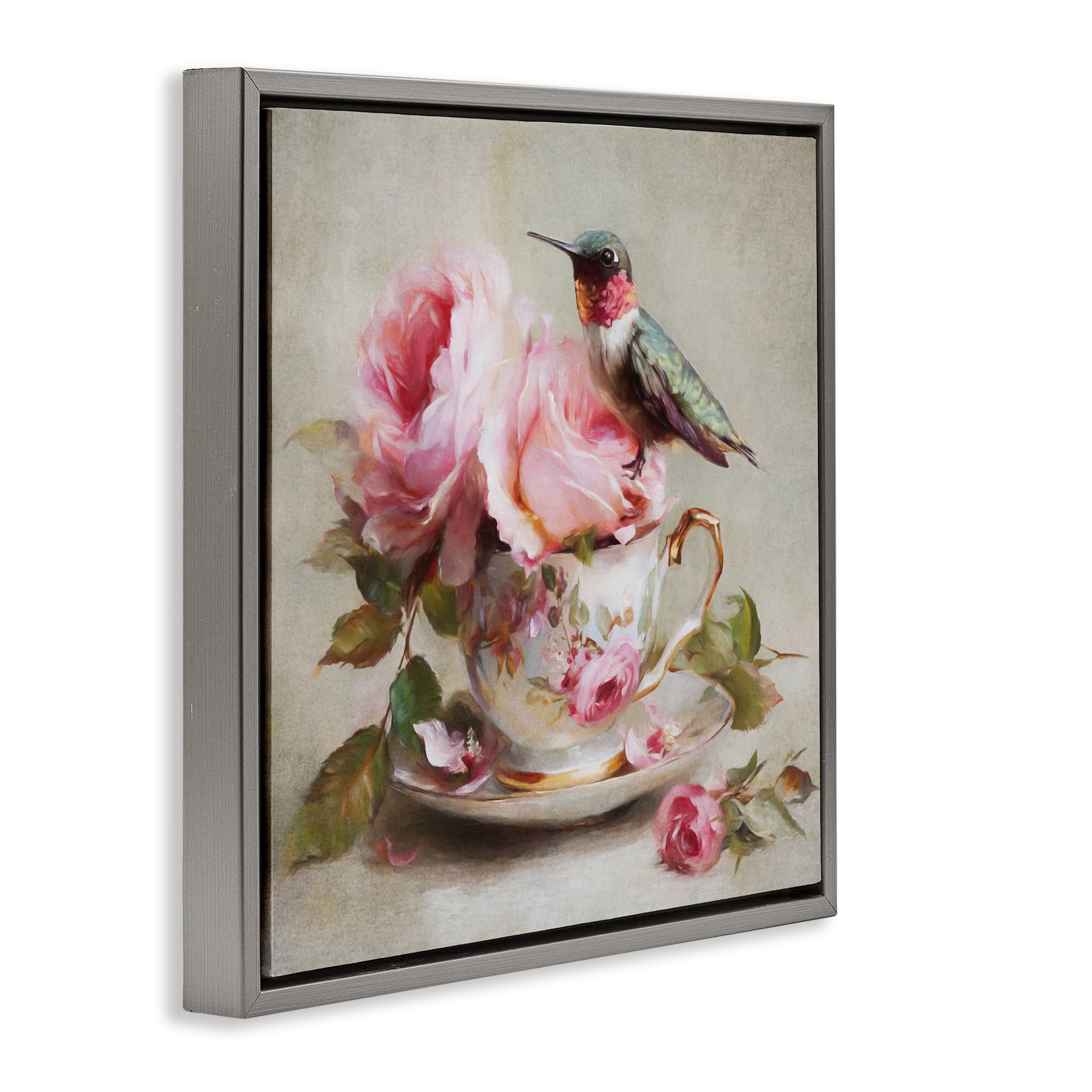 Stupell Industries Hummingbird & Tea Cup Gray Framed Floater Canvas Wall Art, design by Tina LeCour