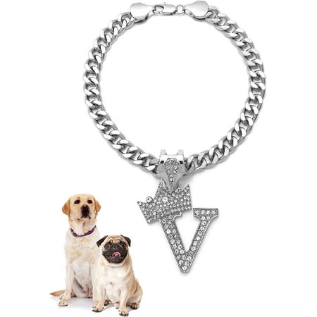Icemond Rhinestone Studded Initial Pendant 18  Cuban Chain Fashion Costume Jewelry Necklace for Dogs Cats in Gold Rhodium Tone