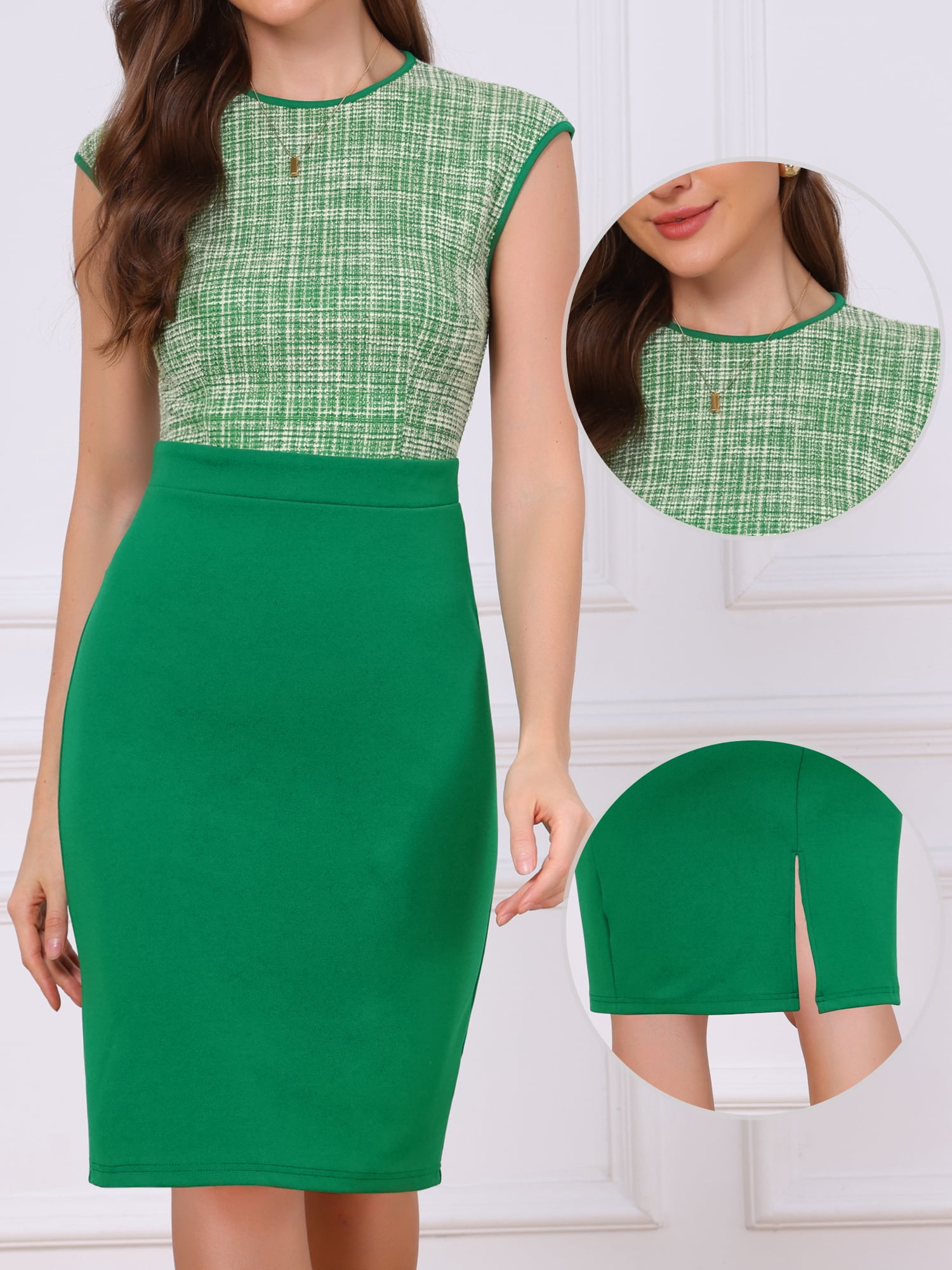 DARING DIVA Women's Tweed Patchwork Crew Neck Office Bodycon Midi Dresses L Emerald Green