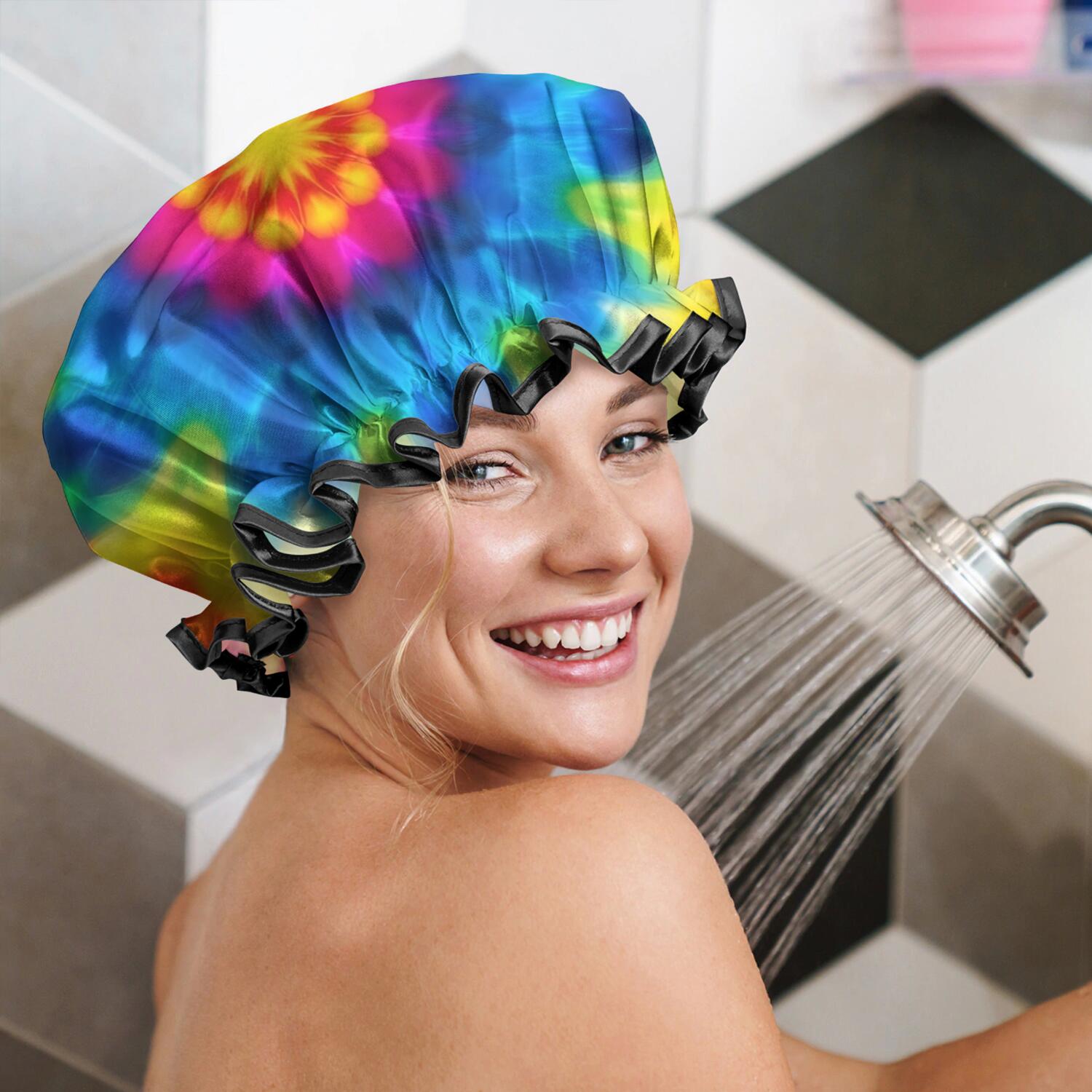 Shower Caps,Colorful Tie Dye Mandala Pattern Waterproof Shower Cap for Women 4 Pieces,Double Reusable Hair Cover for Shower PEVA Elastic Stretch Hem
