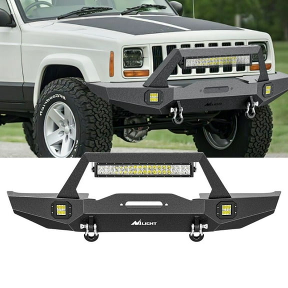 Front Bumper Compatible with 1984-2001 Jeep Cherokee XJ with Winch Plate Offroad 120W Light Bar 18W LED Light Pods