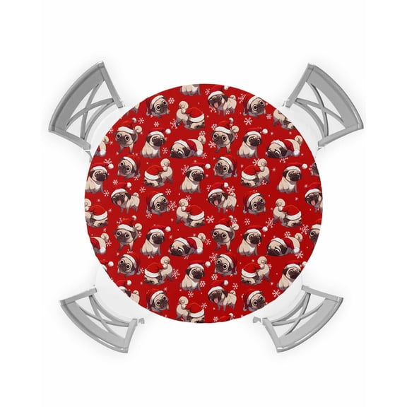 nqOlkjepod Red Dog Christmas Round Tablecloth, Fitted Table Cover with Elastic for 55"-60" Round Tables, Xmas Red Snowflake Table Cloth Outdoor Indoor Dinning Party Waterproof Tablecloths