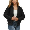 thumbnail image 1 of Chaqueta de mujer con cuello vuelto, manga larga, cremallera, bolsillos y puños acanalados, talla S, abrigo negro mullido, 1 of 6