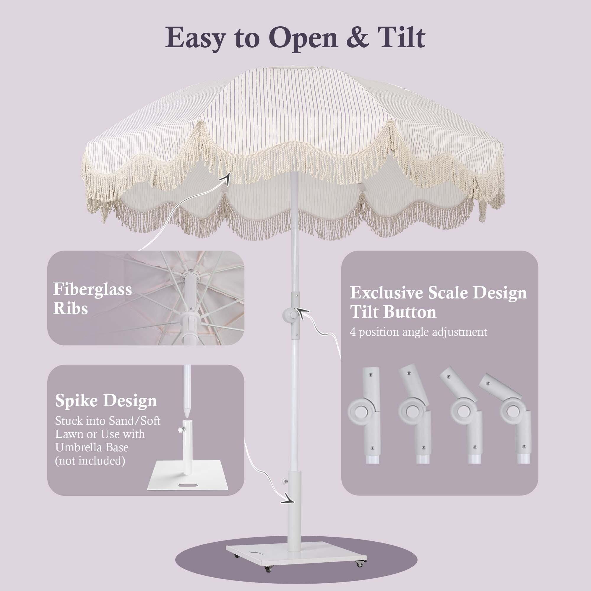 LAGarden 6Ft Fringe Patio Umbrella with Push Button Tilt Carry Bag UV30+ Outdoor Beach Yard Pool Party Deck Purple Stripe