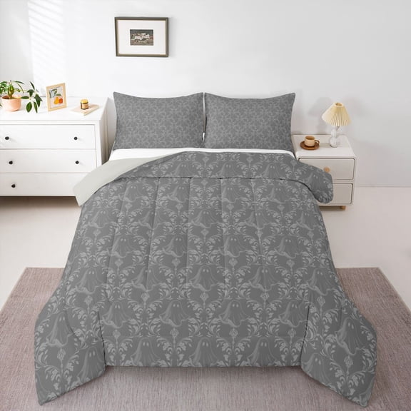 Feelyou Women Damask Floral Twin Comforter Sets, Sliver Halloween Ghost Bedding Set, 2pcs