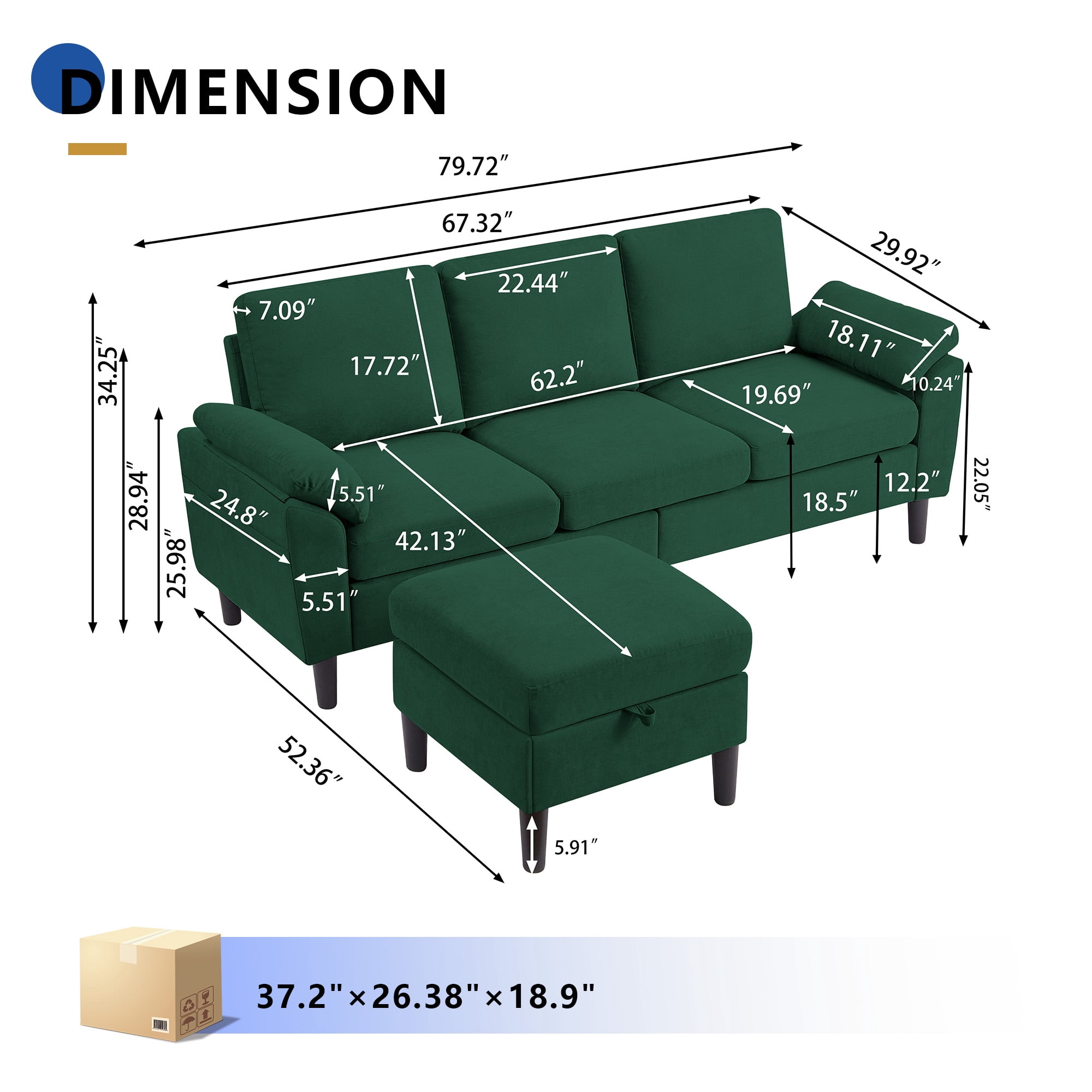 Jarenie 80" Convertible Sectional Sofa, Small L Shaped 3 Seat Couch with Reversible Storage Chaise, Modern Polyester Fabric Sofa Couches for Living Room, Apartment and Small Space, Green