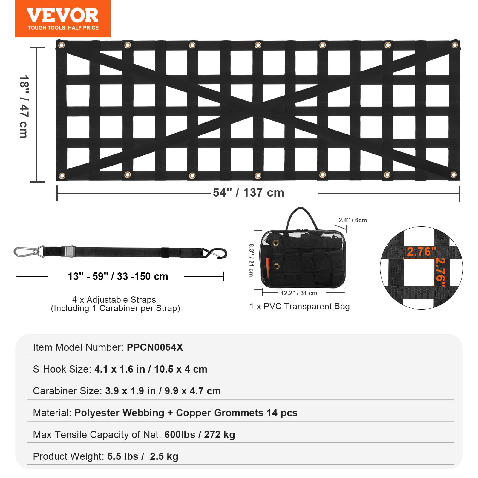 VEVOR Tailgate Net, 54 in x 18 in, Heavy Duty Cargo Net for Truck Bed with 4 Adjustable Telescopic Straps, Cross-reinforced Design, Extendable & Durable, Suitable for Pickup, Truck, Trailer, Jeep,SUV