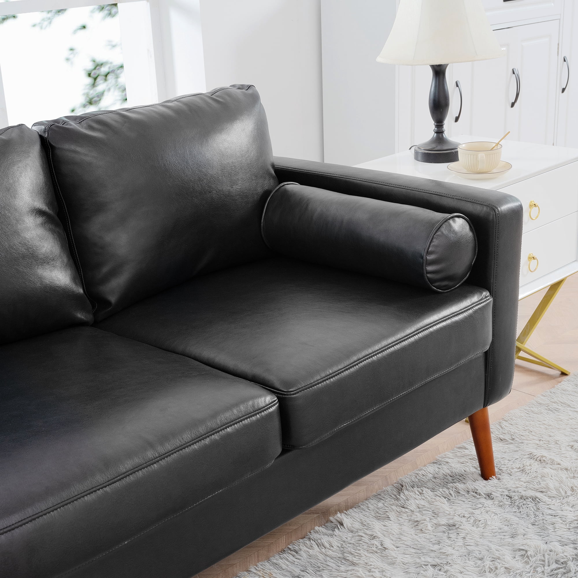 Hommoo PU Leather Sofa Couch, Modern 3 Seat Comfy Couches,Mid Century Adult Couch Soft Cushion Sofa for Living Room Home/Office/Apartment, Black