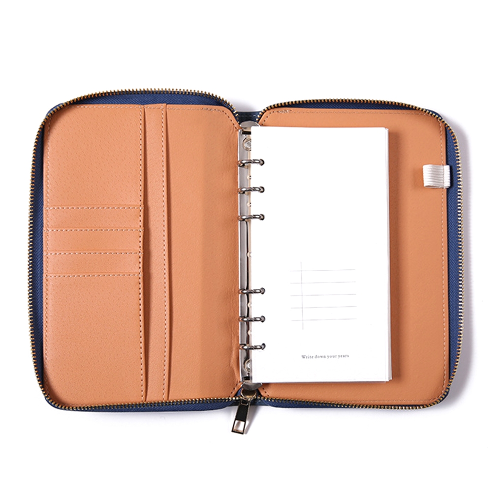 Zippered Leather Notebook Binder Cover with Card Pocket Elastic Pen Slot Refillable 6 Rings Binder Cover for Planner