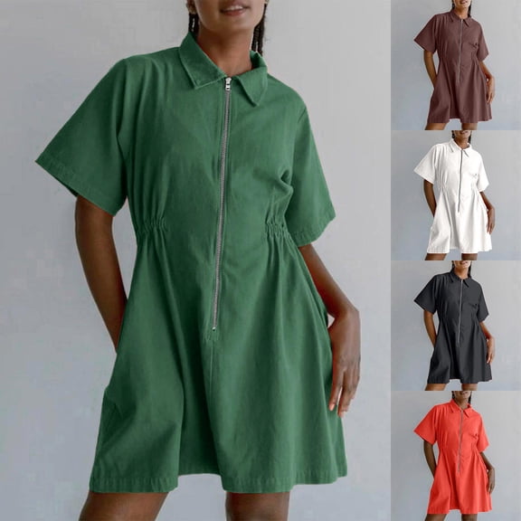 asdoklhq Overall Dress for Women Fashion Women Zipper V-Neck Summer Solid Short Sleeve Mini Dress Green M