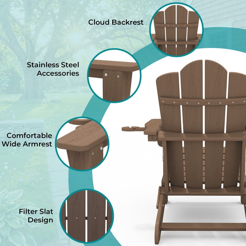 RIAFUN Outdoor Patio chair, Folding HDPE Resin Adirondack Chair with Double Cup Holder, Brown