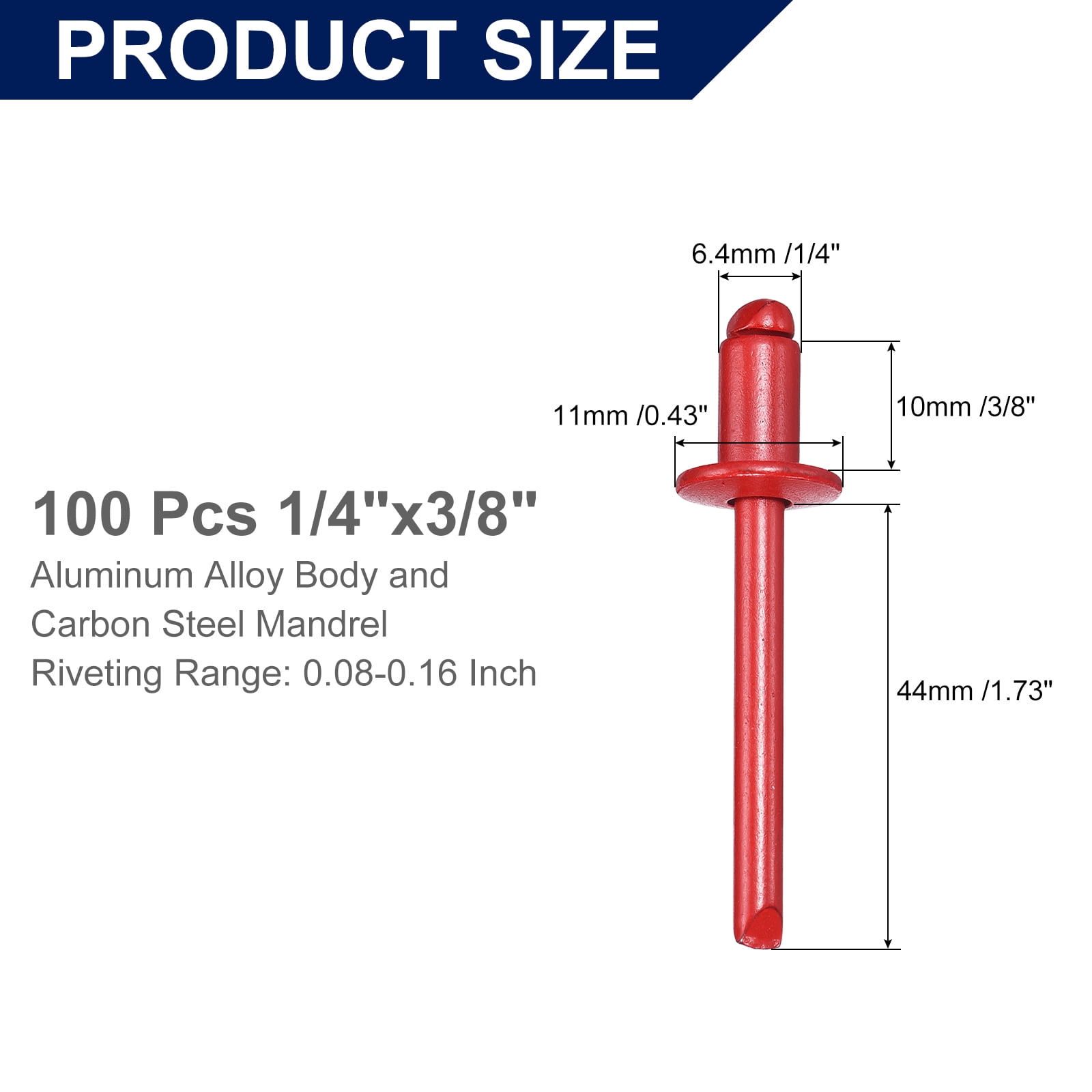 Uxcell 100Pcs 1/4"x3/8" Aluminum Blind Rivets, Dome Head Long Split Rivets, Red
