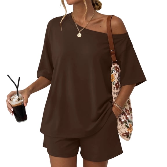 Shirt and Shorts Set Womens 2 Piece Matching Lounge Sets Short Sleeve Off Shoulder Tops Summer Beach Vacation Mini Shorts L