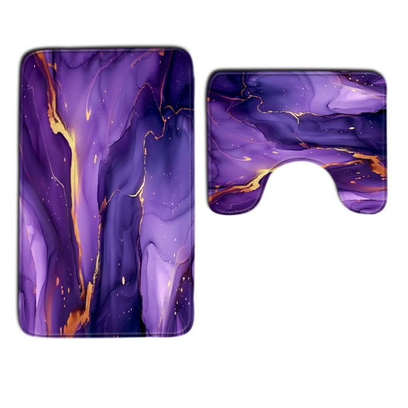 2Pcs Set Bathroom Rugs Purple Marble Flannel Soft Non-Slip Backing Water Absorbent Bath Mats Floor Decor