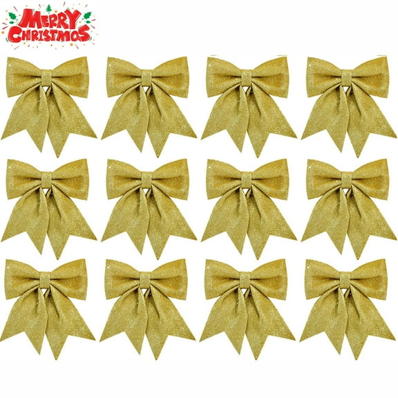 12 Pieces 5" Christmas Glitter Bow Large Christmas Tree Bows Christmas Party Decorations Shiny Bow Xmas Ribbon Bows for Wreath Garland Ornaments Gift DIY Decor